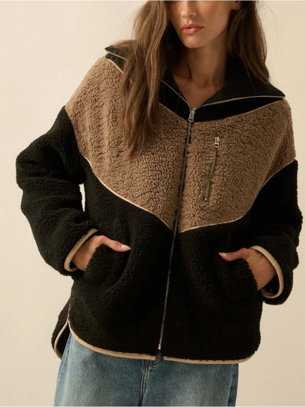 Promesa chevron colorblock fleece teddy fur Jacket in Black & Brown size L